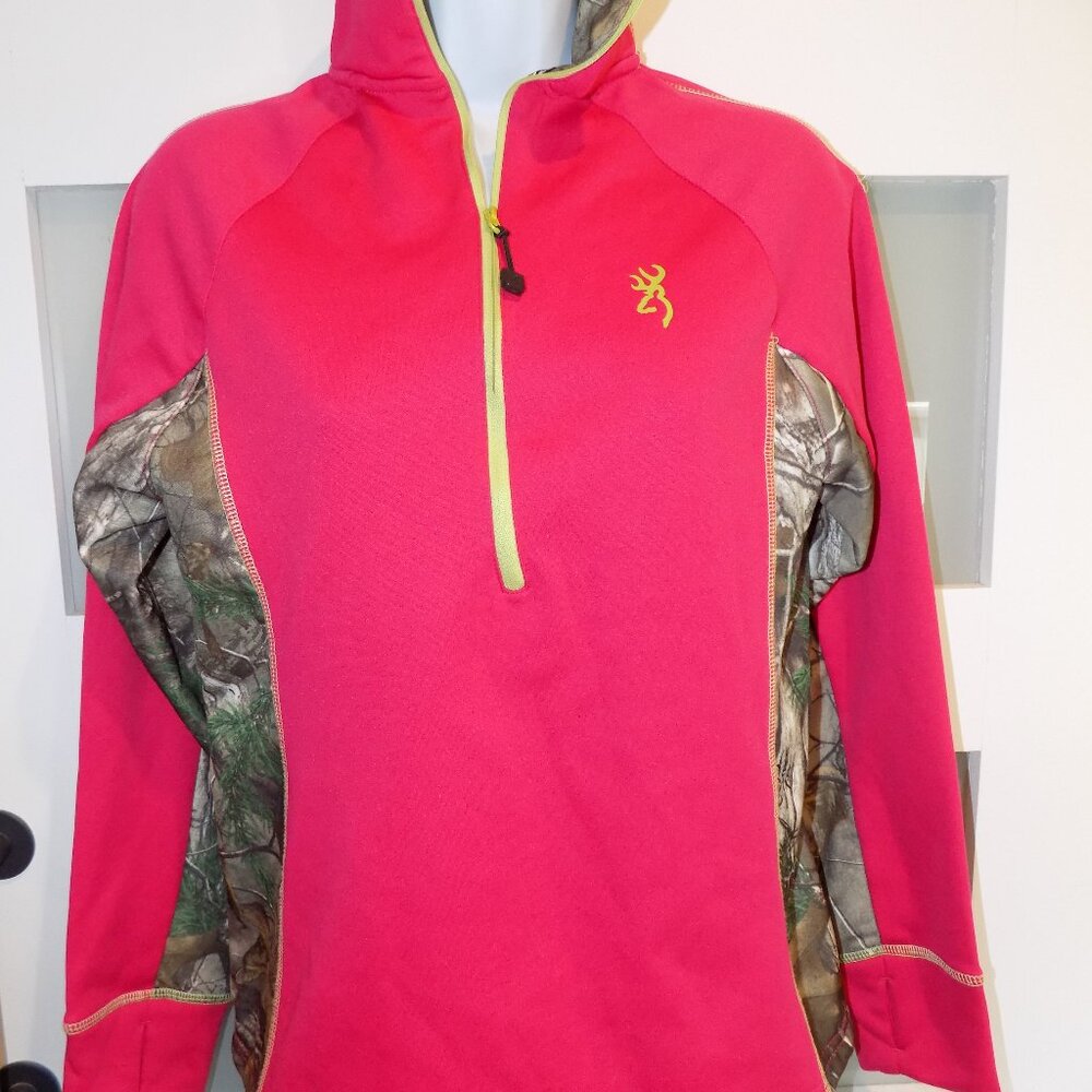 Browning Buckmark Pullover Jacket Half Zip Pink Camouflage Thumbhole Size S